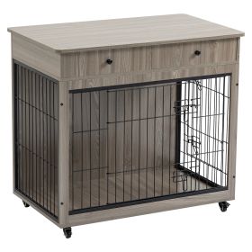 Dog Crate Furniture, Wooden Dog House, Decorative Dog Kennel with Drawer, Indoor Pet Crate End Table for Small Dog, Steel-Tube Dog Cage, Chew-Proof, G