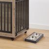 Furniture Style Dog Crate Side Table With Feeding Bowl, Wheels, Three Doors, Flip-Up Top Opening. Indoor, Grey, 43.7"W x 30"D x 33.7"H