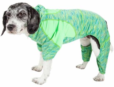 Pet Life Active 'Downward Dog' Heathered Performance 4-Way Stretch Two-Toned Full Body Warm Up Hoodie (Color: Green, size: medium)