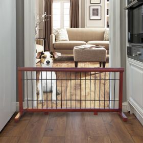 Wooden dog gate, free standing wire mesh pet gate, expandable,MAHOGANY (Color: as Pic)